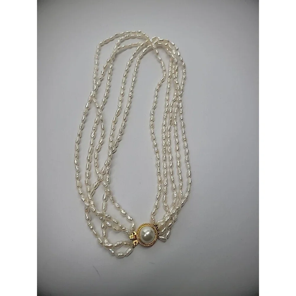 Vintage Necklace Multi Strand Beaded Gold Tone‎ White Bead Slide Clasp Jewelry